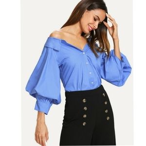 Zara Blue Puff Sleeve Open V-neck Shirt Size M